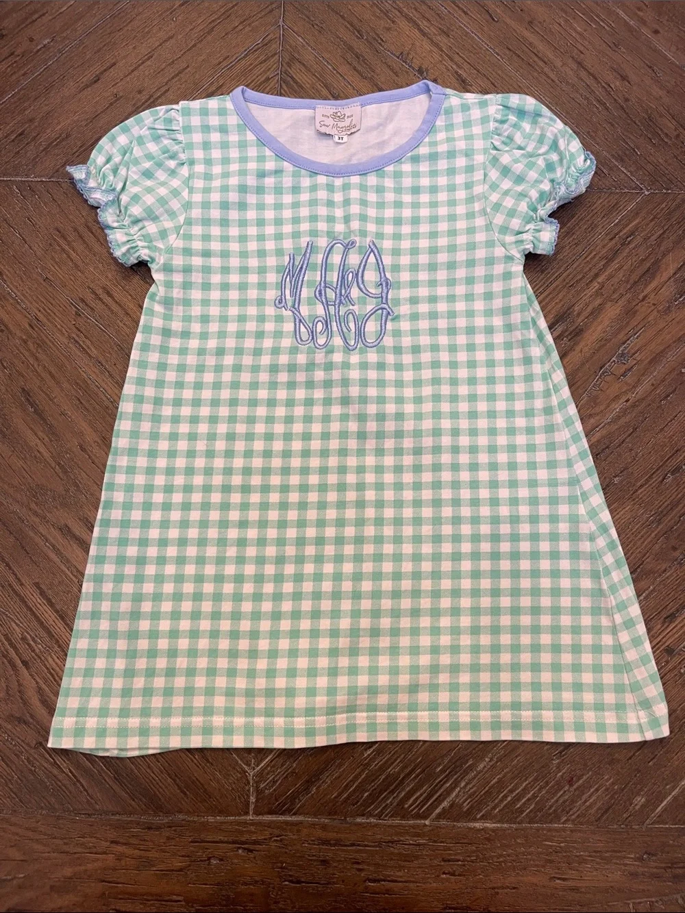 Sew Magnolia Girls' Mint Gingham Short Sleeve Dress with Monogram MAJ